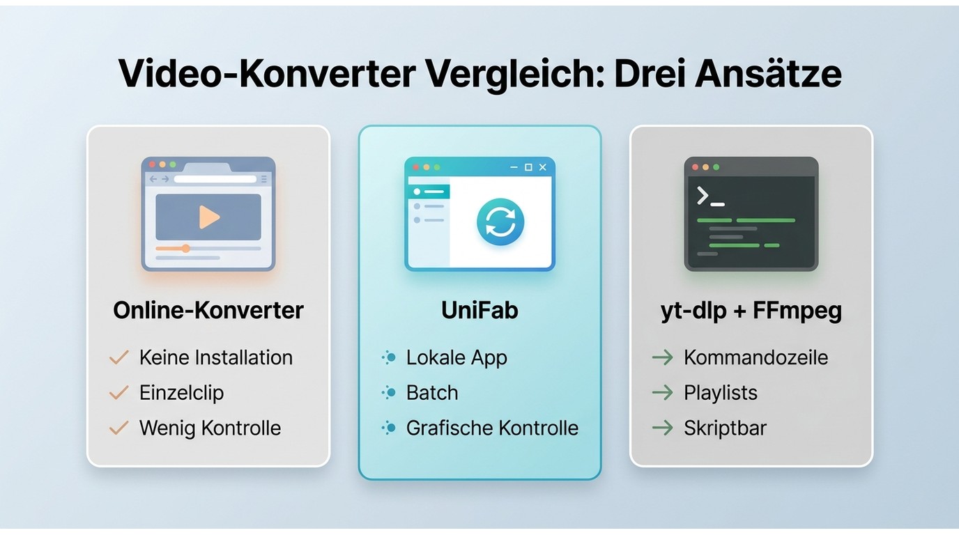 Vergleich von Online-Konverter, UniFab Video Converter und yt-dlp mit FFmpeg nach Workflow und Aufwa