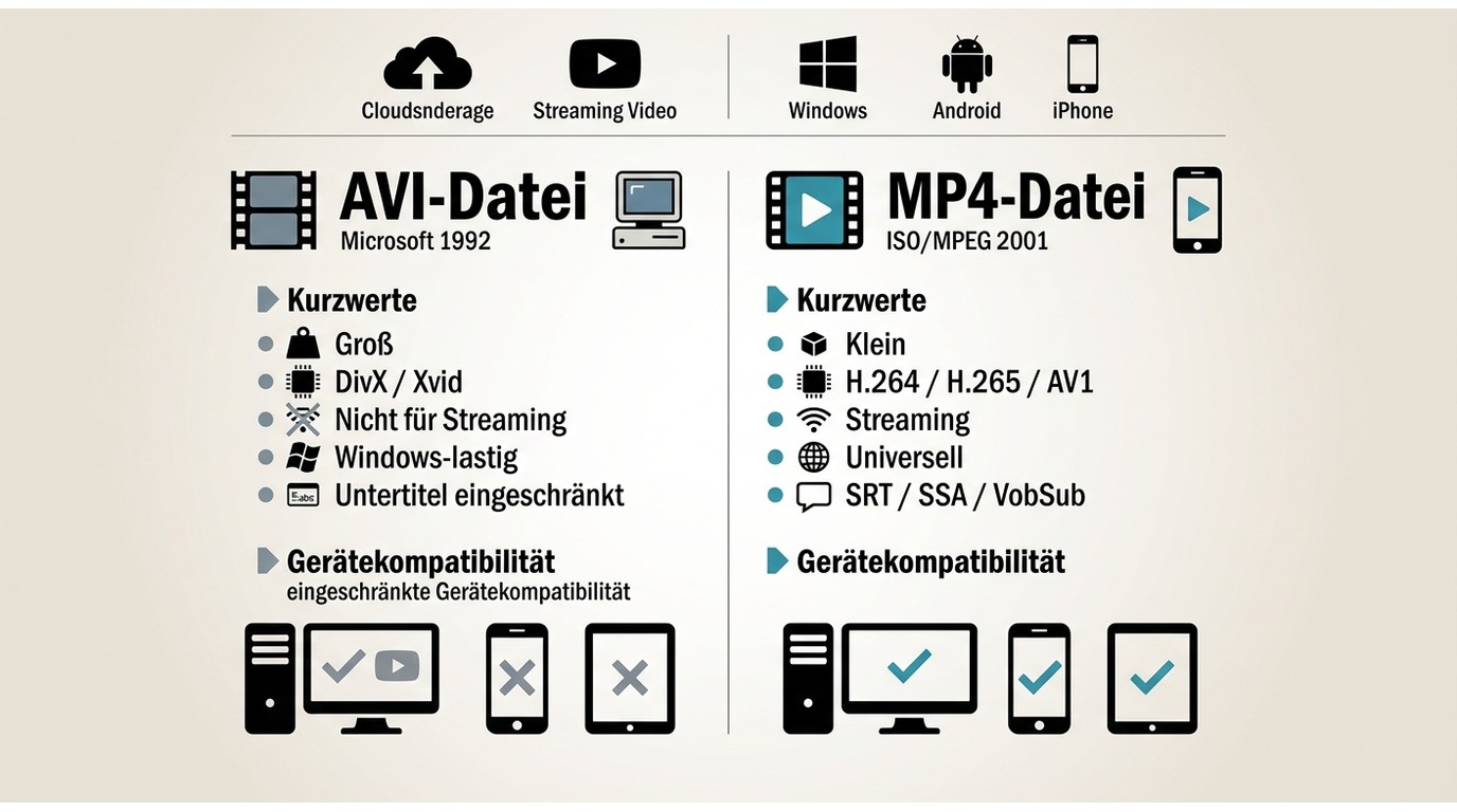 Vergleich von AVI und MP4 bei Größe, Codecs, Streaming und Gerätekompatibilität.
