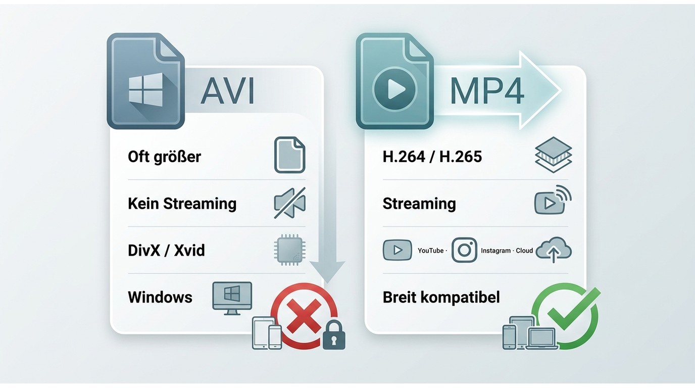 AVI und MP4 im Vergleich: MP4 spart Speicher und läuft auf mehr Geräten.