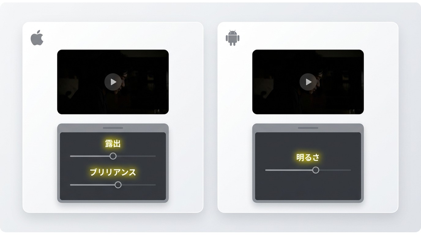 iPhoneの写真アプリとAndroidギャラリーで動画の露出・明るさスライダーを調整する画面比較