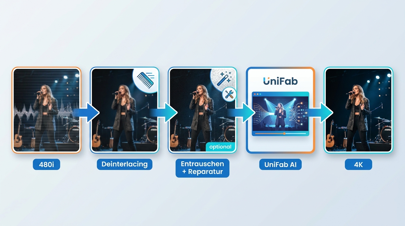 Reihenfolge zur Vorbereitung eines 480i-Musikvideos vor dem 4K-Upscaling mit UniFab.