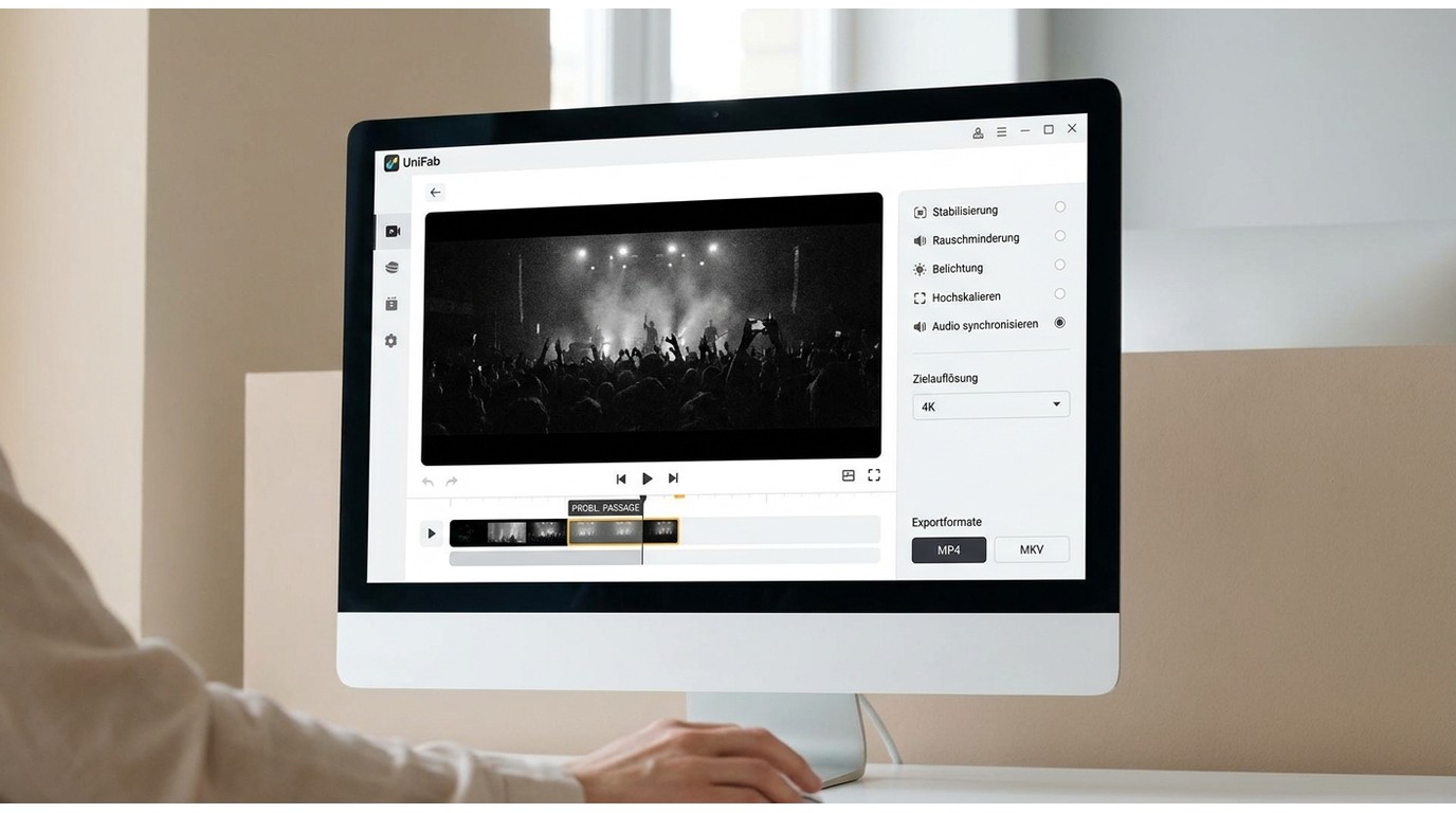 UniFab bearbeitet einen Konzertclip mit Stabilisierung, Rauschminderung, 4K und MP4-Export.