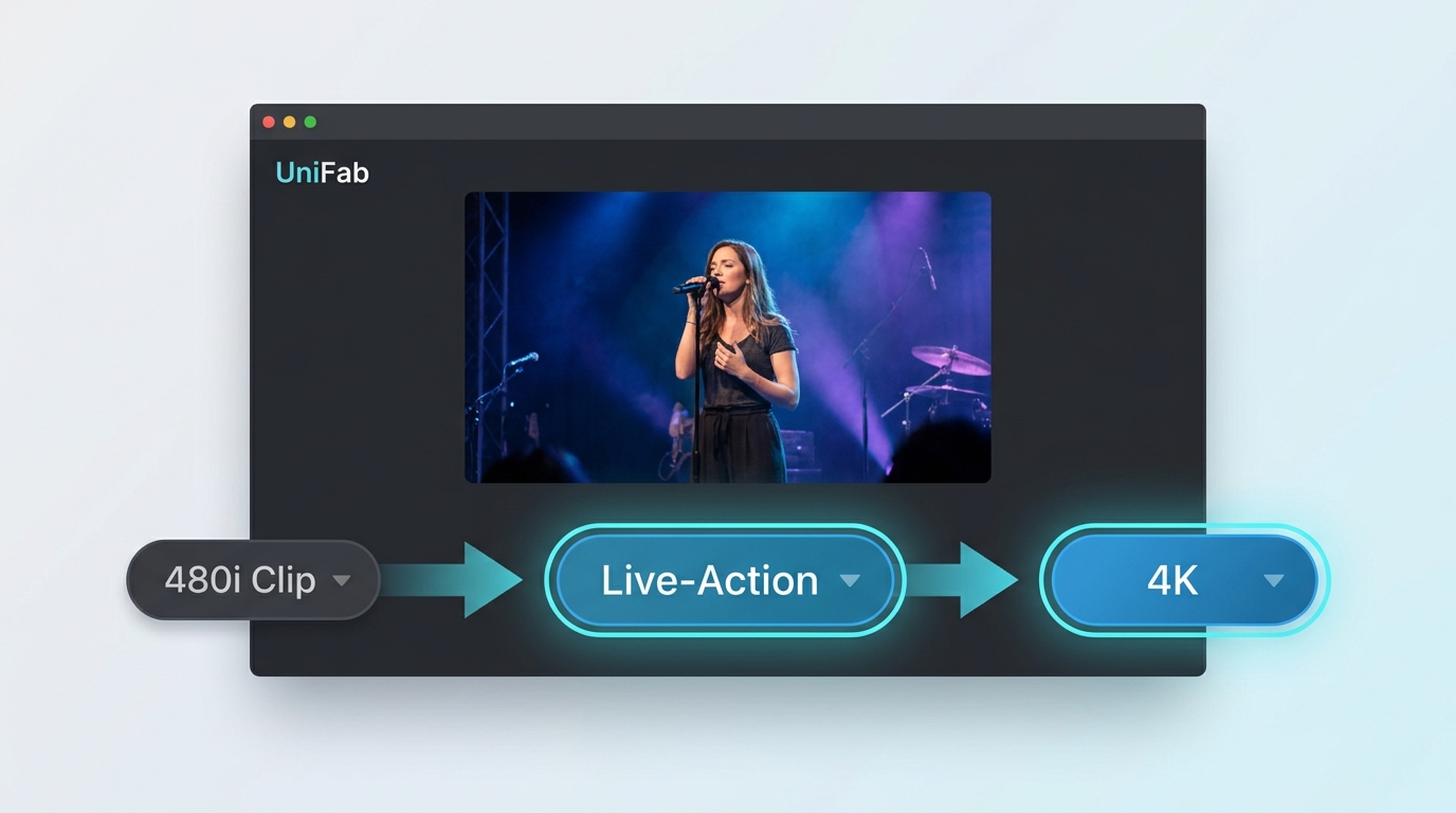 UniFab mit Musikvideo-Vorschau, Live-Action-Modell und gewählter 4K-Zielauflösung.