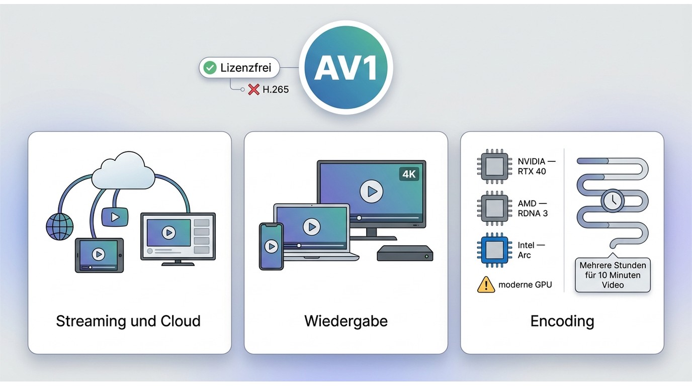 AV1 für Streaming und Wiedergabe, mit Hardware-Encoding auf NVIDIA, AMD und Intel GPUs