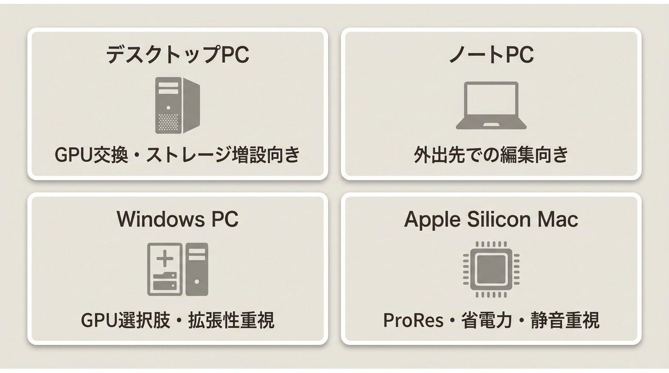 デスクトップ・ノート・Windows・Apple Silicon Macの4K編集用途別選び方マトリクス