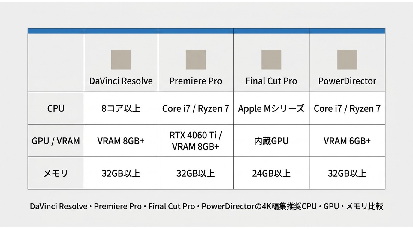DaVinci Resolve・Premiere Pro・Final Cut Pro・PowerDirectorの4K編集推奨CPU・GPU・メモリ比較