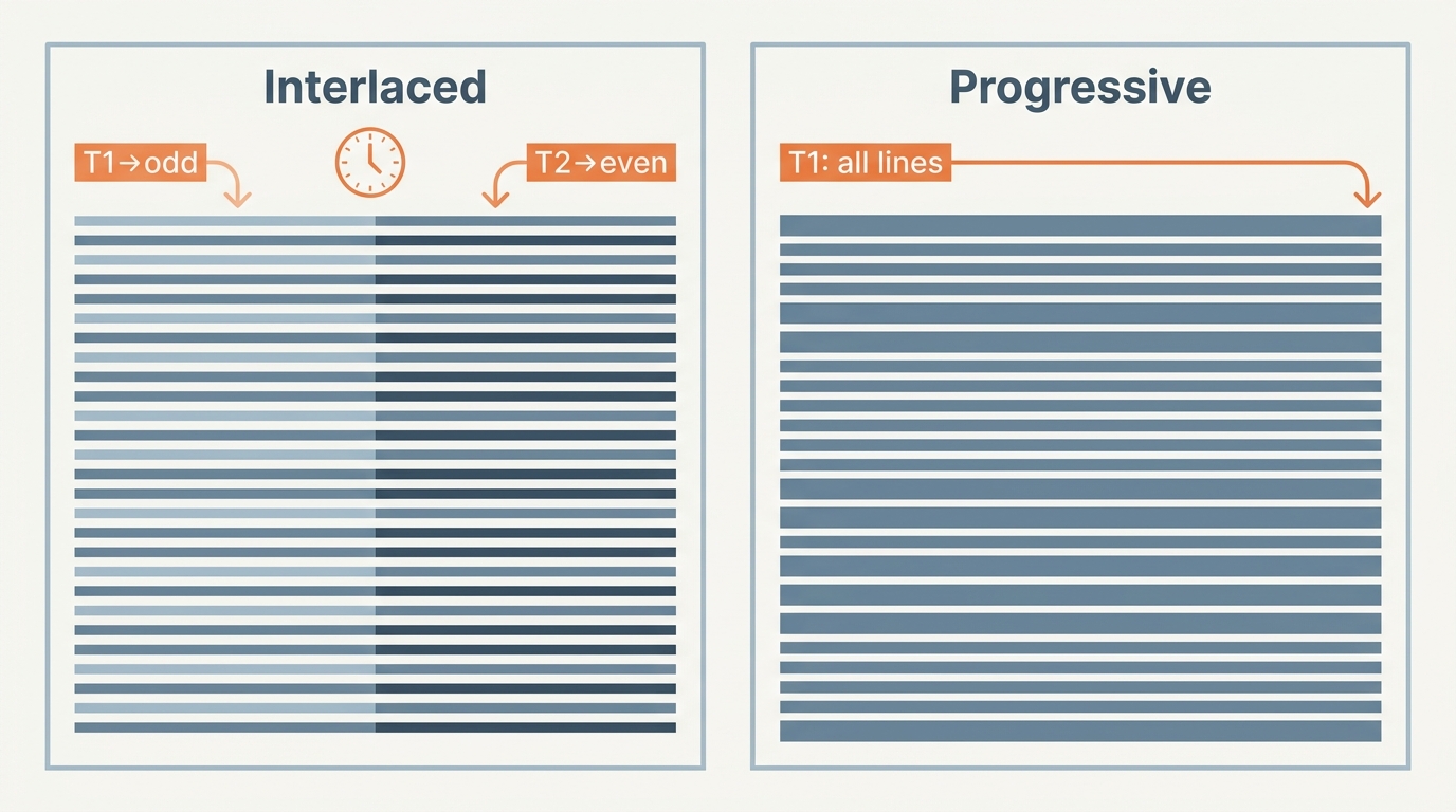 Interlaced vs progressive scanning: interlaced splits one frame into two timed fields; progressive d