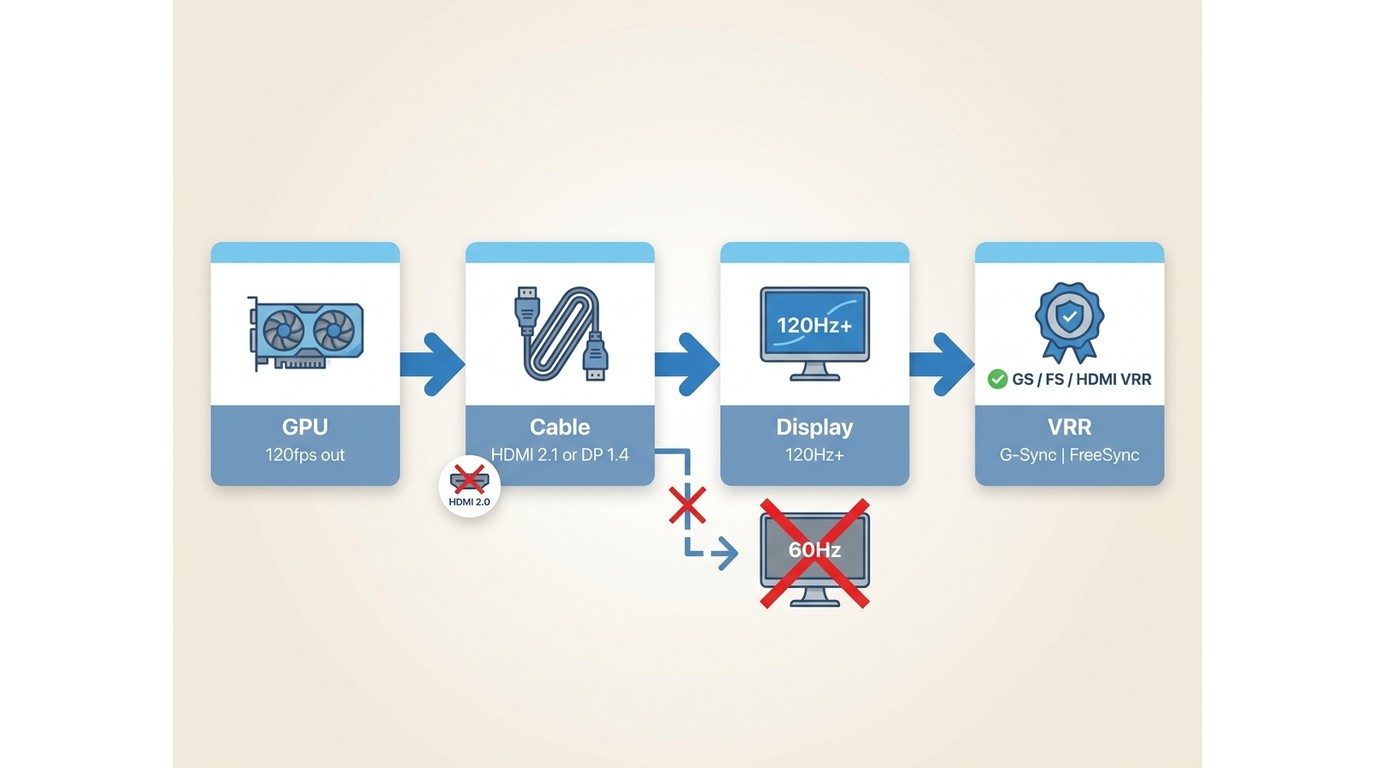 Four-link hardware chain for 120 FPS: GPU output, HDMI 2.1 or DisplayPort cable, 120Hz+ display, and