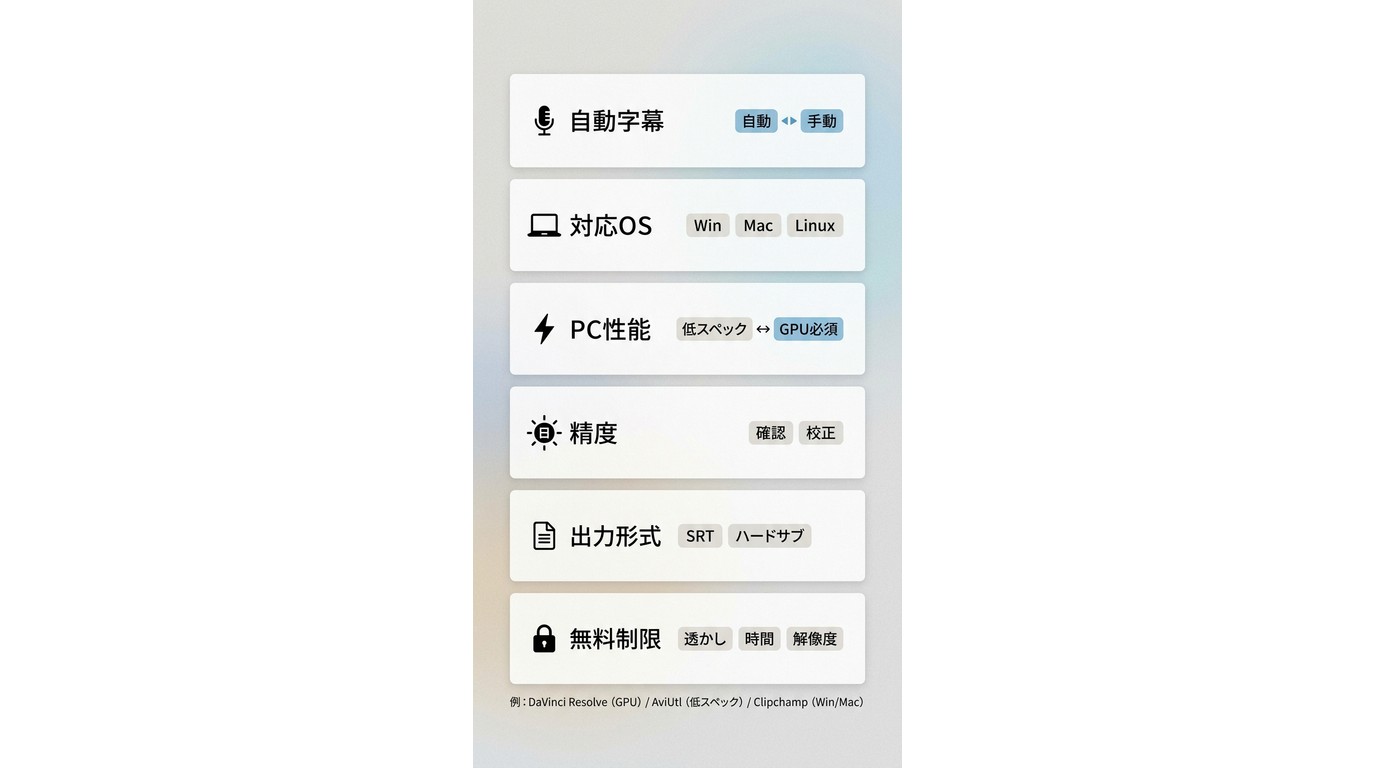 動画字幕ソフト選びの6軸：自動字幕・対応OS・PC性能・日本語精度・出力形式・無料制限