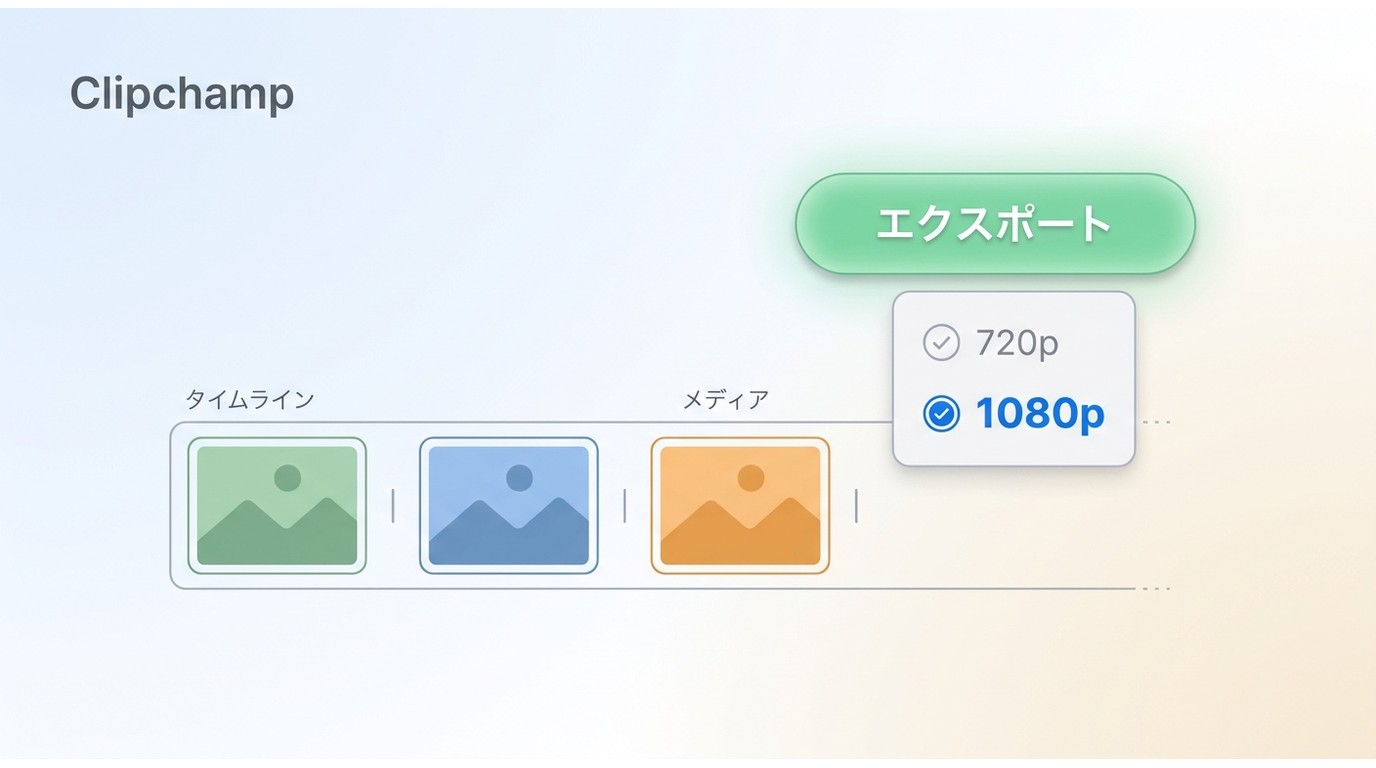 ClipchampのタイムラインとMP4エクスポートボタンの画面
