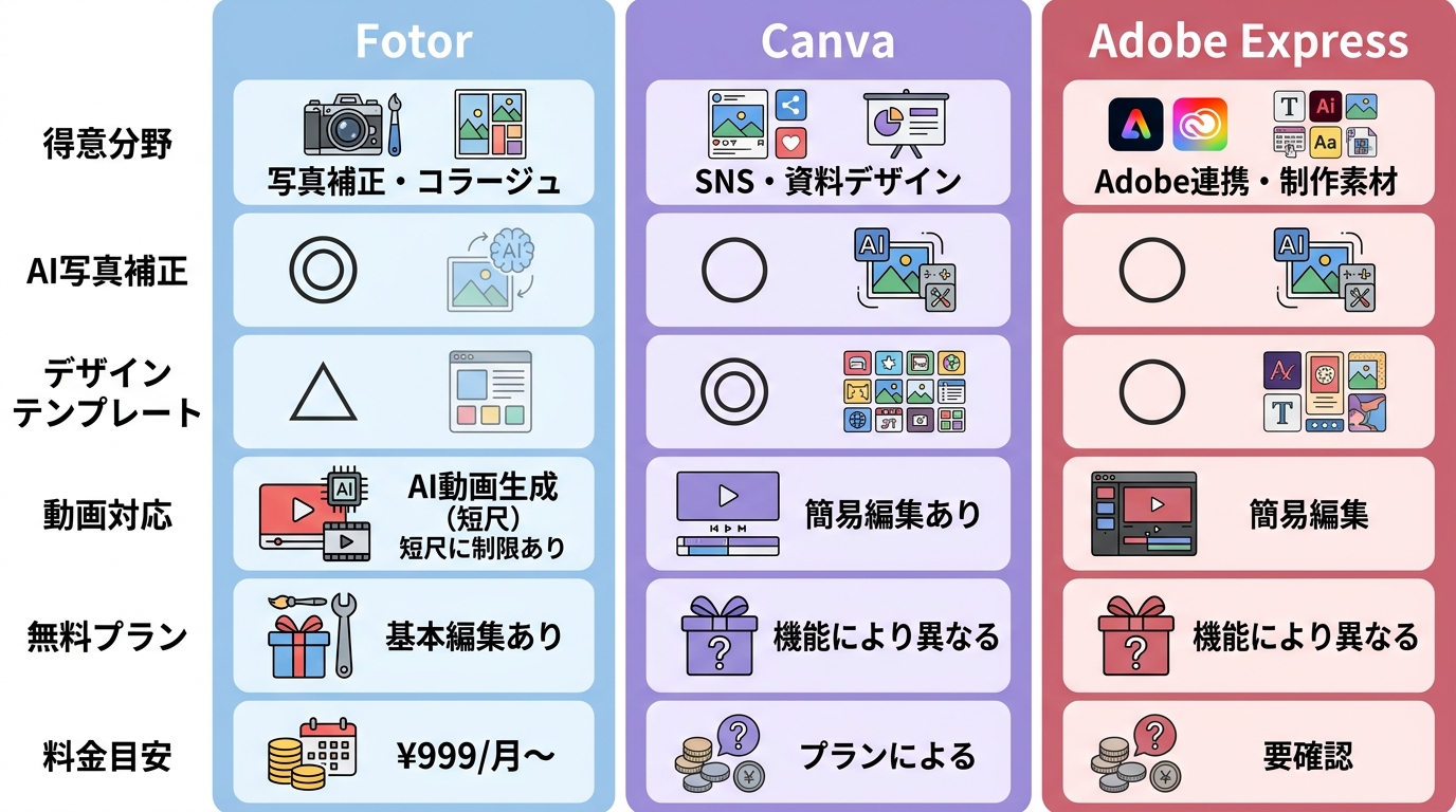 Fotor・Canva・Adobe Expressの得意分野・AI機能・動画対応・料金を比較した一覧