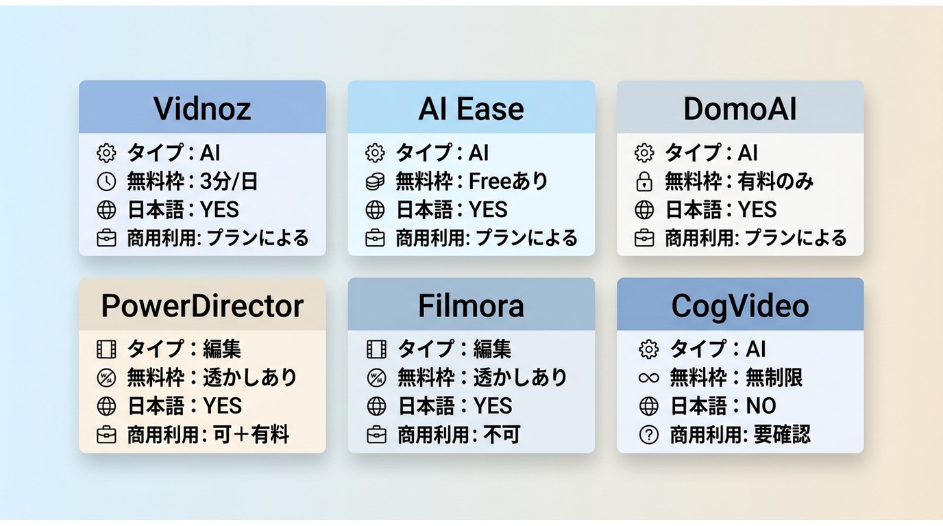 Vidnoz・AI Ease・DomoAI・PowerDirector・Filmora・CogVideoの無料枠と商用利用条件の比較