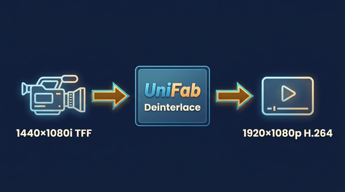Workflow from 1440×1080i source through UniFab deinterlacing to 1920×1080p MP4 output