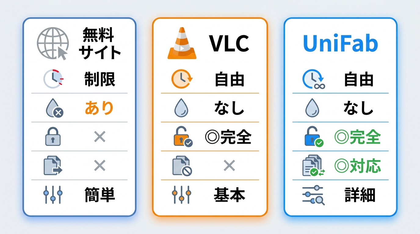 無料オンラインサイト・VLC・有料AIソフト（UniFab）の機能比較：バッチ処理・透かし・ローカル処理の違い