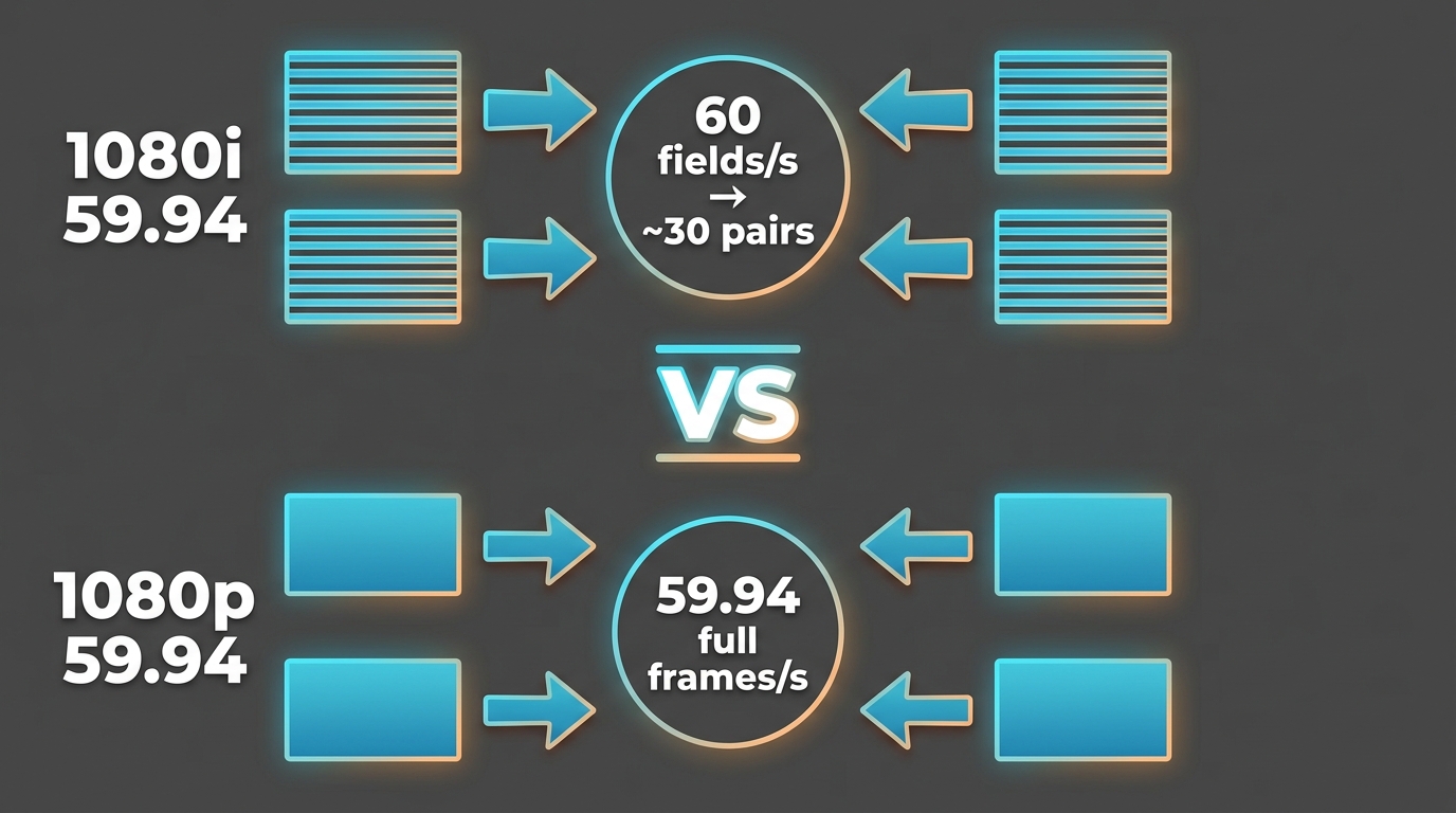 Timeline comparing 1080i59.94 field pairs (~29.97/s) versus 1080p59.94 complete frames (59.94/s)
