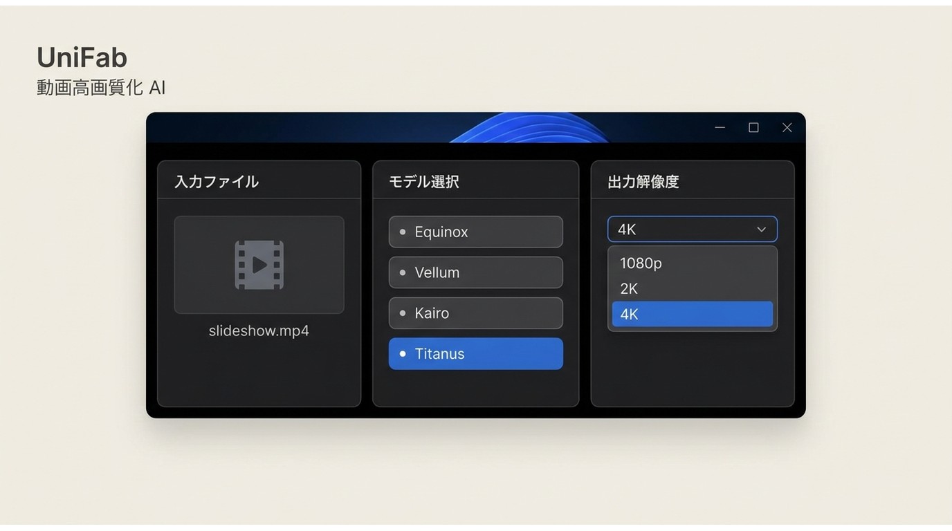 UniFab動画高画質化AIでスライドショーのモデルと解像度を選択する画面