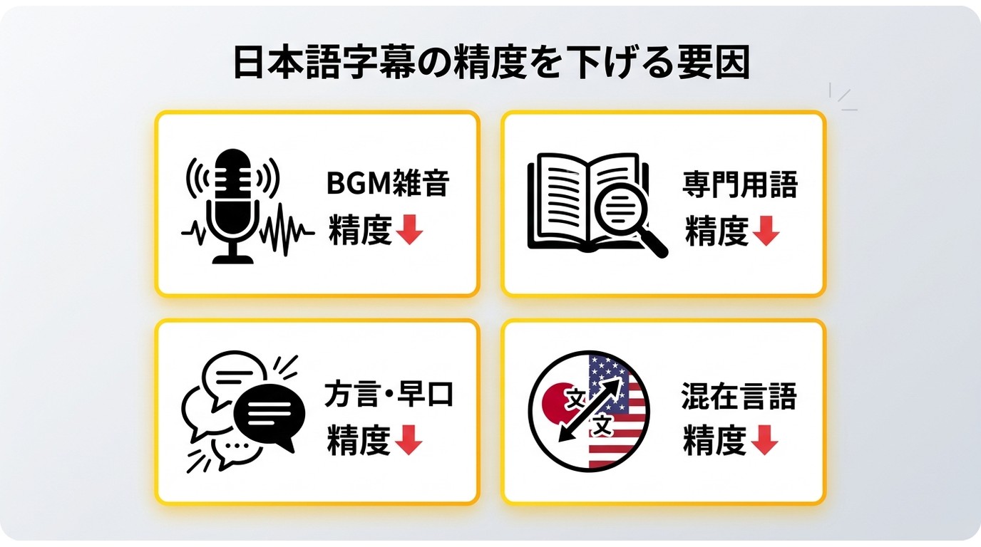 日本語字幕の精度を下げる4要因：BGM雑音・専門用語・方言早口・多言語混在