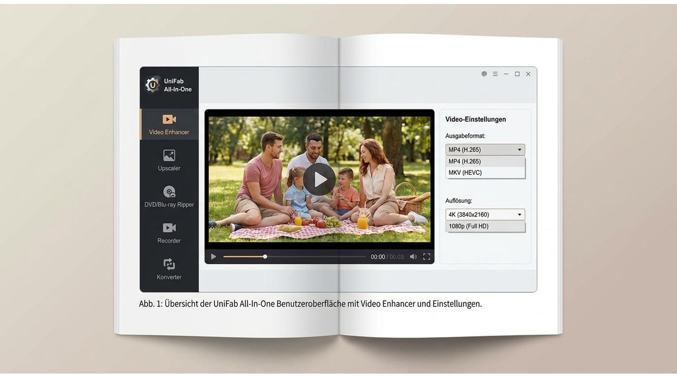 UniFab All-In-One Oberfläche mit geladenem Video, MP4/MKV-Auswahl und 4K-Ausgabeoption