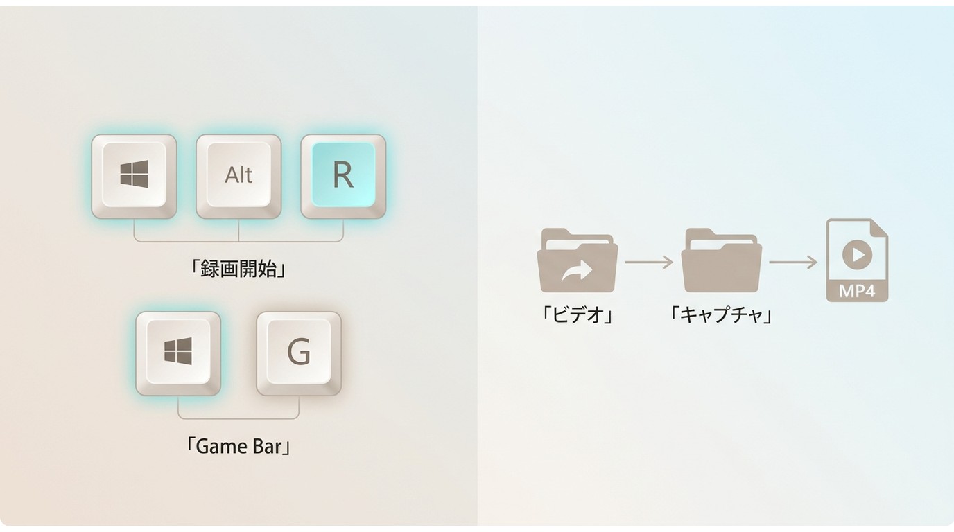 Xbox Game BarのショートカットキーとMP4保存先フォルダ「ビデオ>キャプチャ」の場所