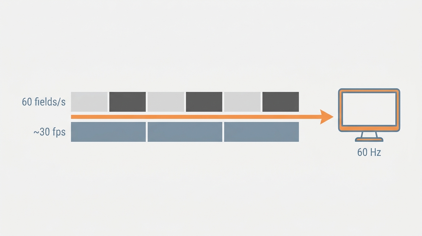Timeline showing 60 fields/sec pairing into 30 frames/sec, then mapped to 60Hz display refreshes