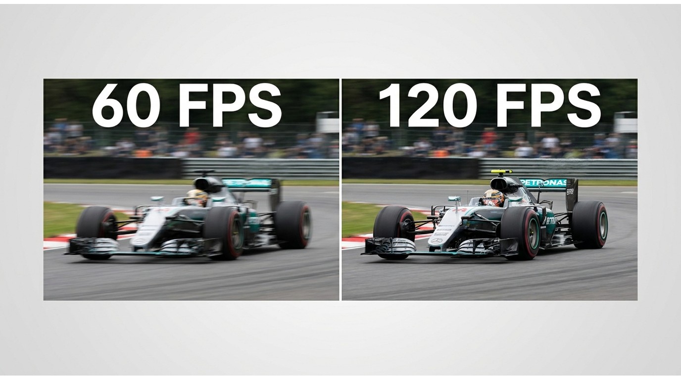 Side-by-side motion blur comparison: 60 FPS frame with smeared edges vs 120 FPS frame with sharper m