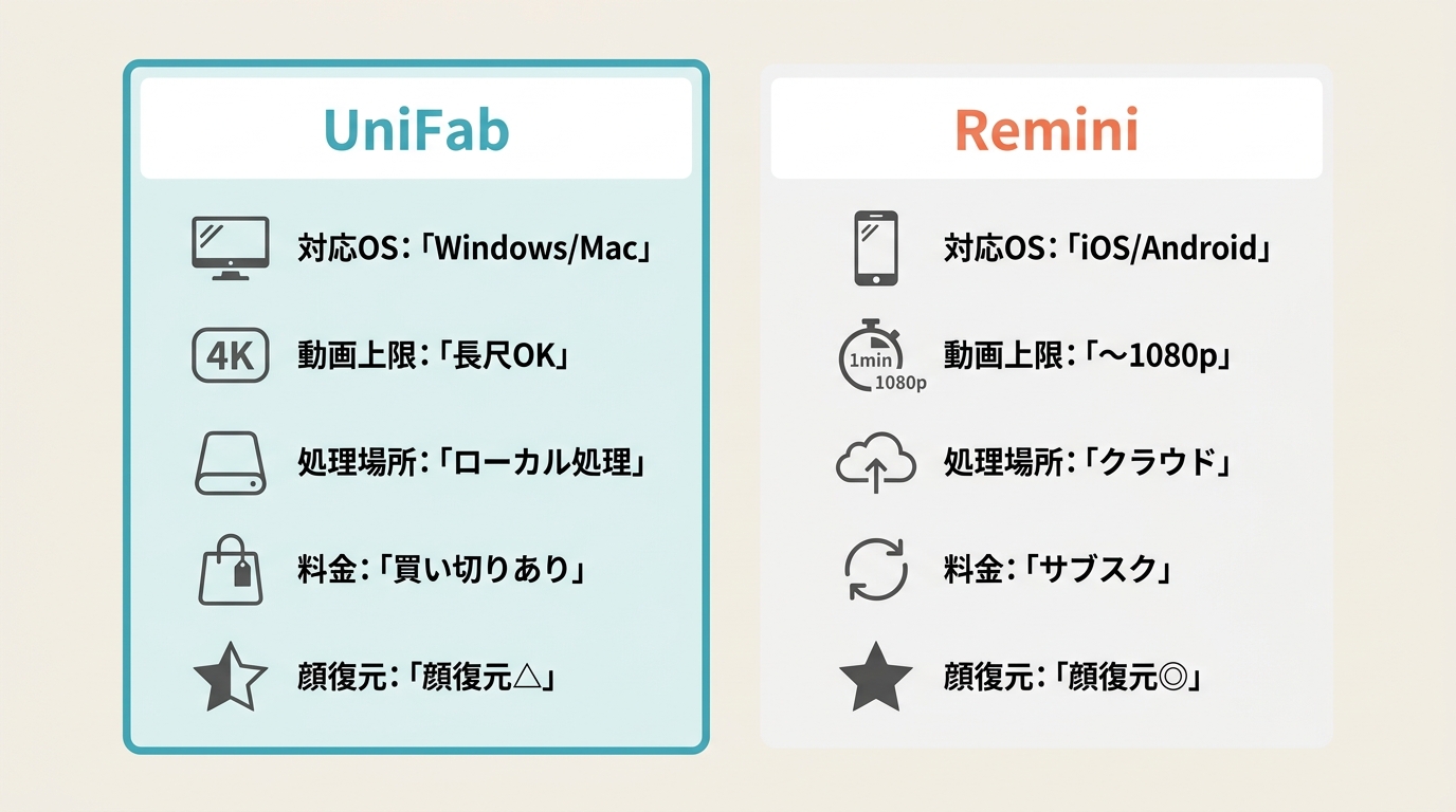 UniFabとReminiの比較：動画上限・処理場所・対応OS・料金体系の違い