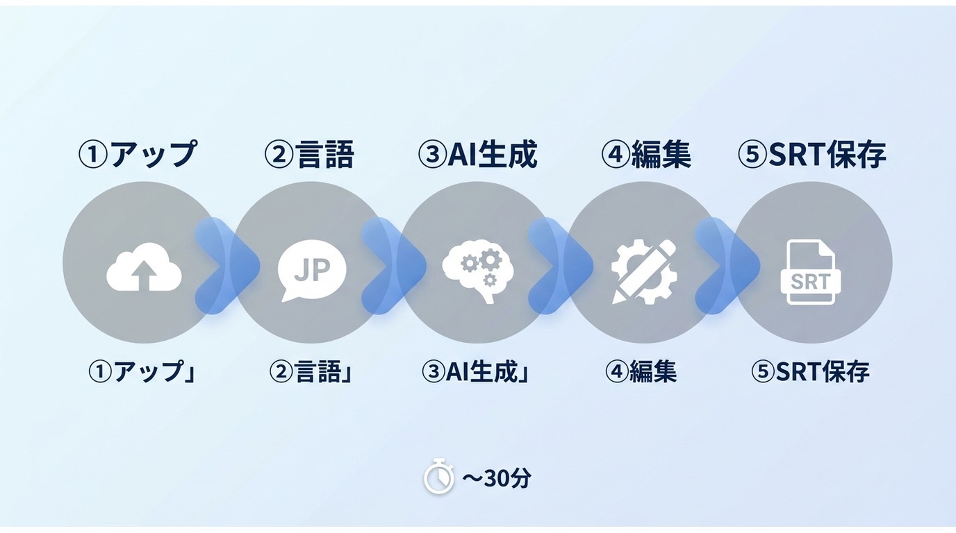 字幕自動生成の5ステップ：アップロードから言語選択・AI生成・編集・SRT保存まで