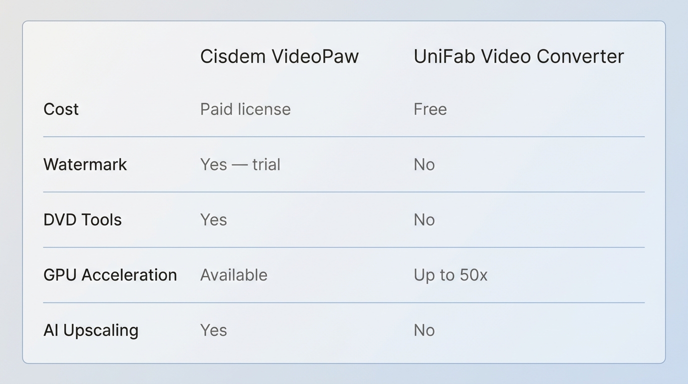 Cisdem VideoPaw vs UniFab Video Converter: cost, watermark, DVD, AI upscaling, and GPU acceleration