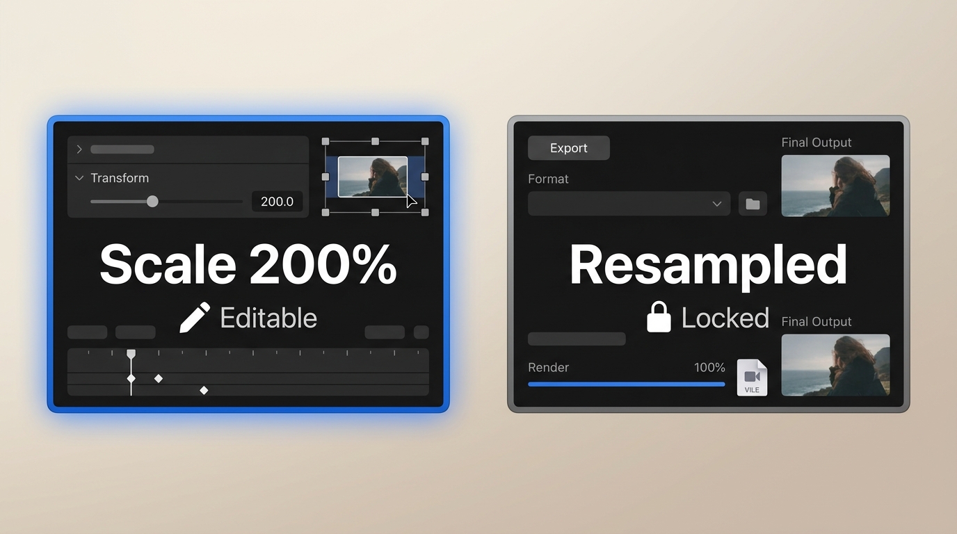 Set to Frame Size vs Scale to Frame Size in Premiere Pro: reversible scale vs locked resampled versi