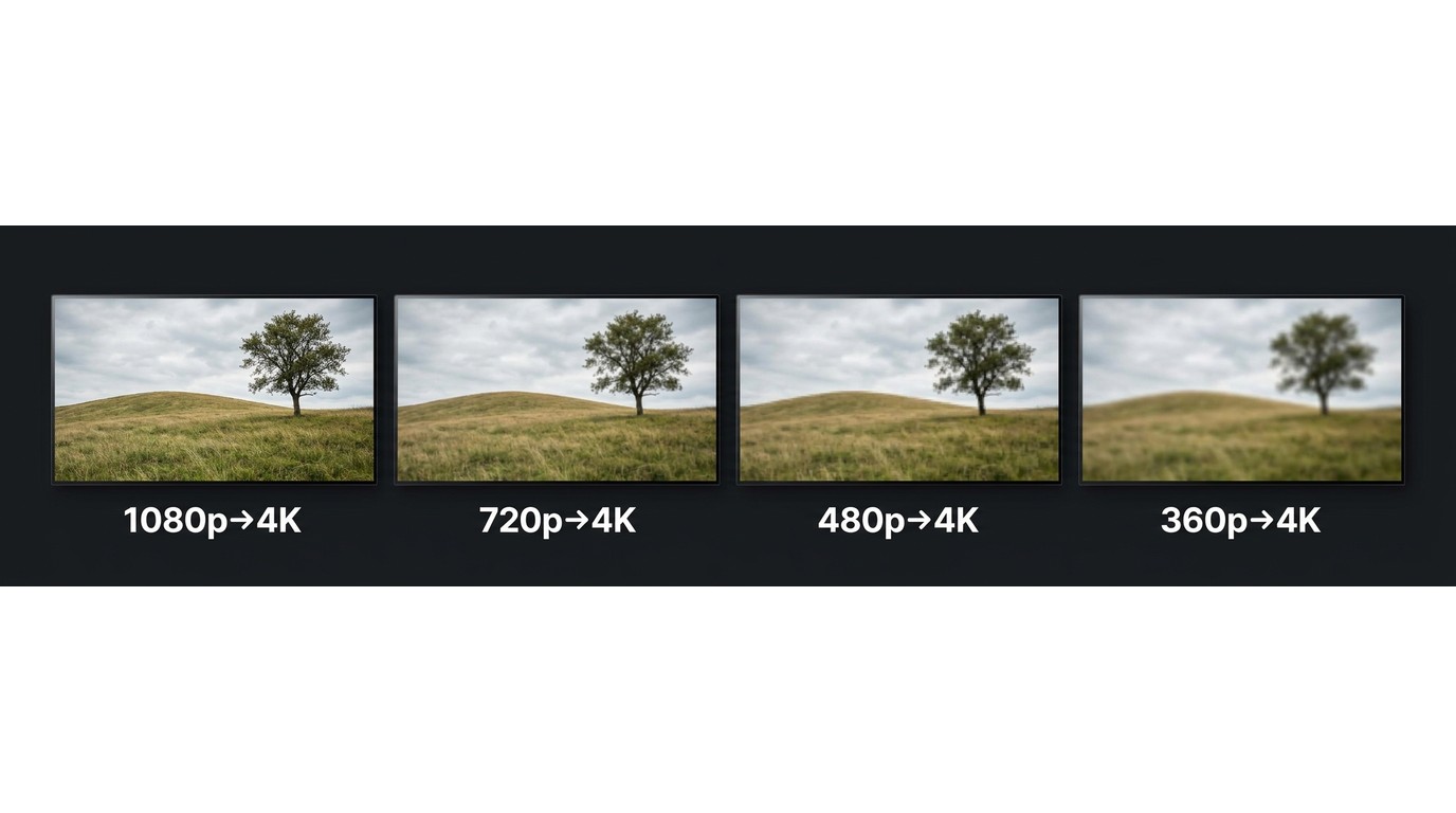 Visual quality comparison: 1080p, 720p, 480p, and 360p footage each upscaled to 4K, showing increasi