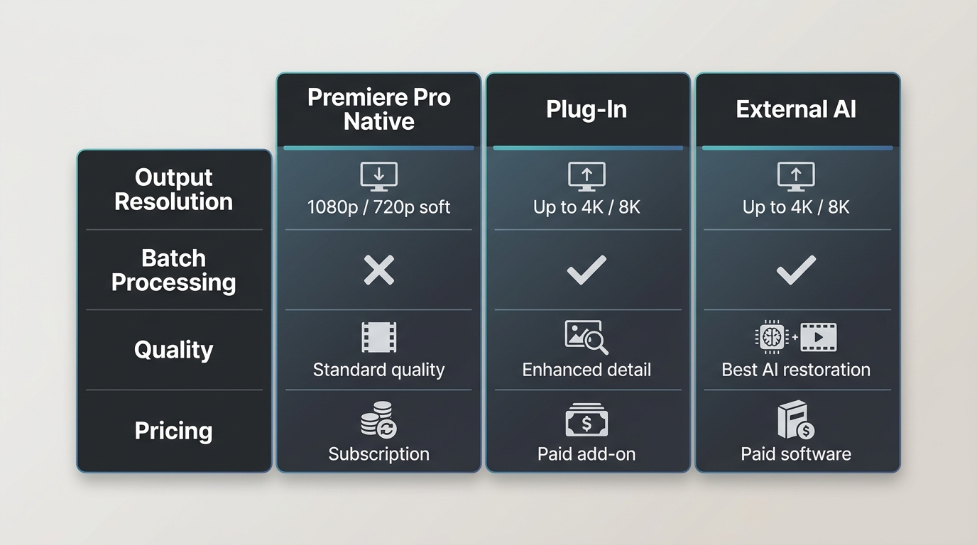Comparison of Premiere Pro native scaling vs plug-ins vs external AI upscalers across resolution, ba