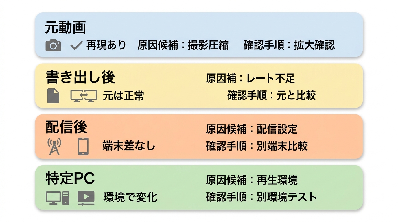 動画ブロックノイズの発生段階（元動画・書き出し後・YouTube・特定PC）別に原因と最初の確認手順を示した対応表