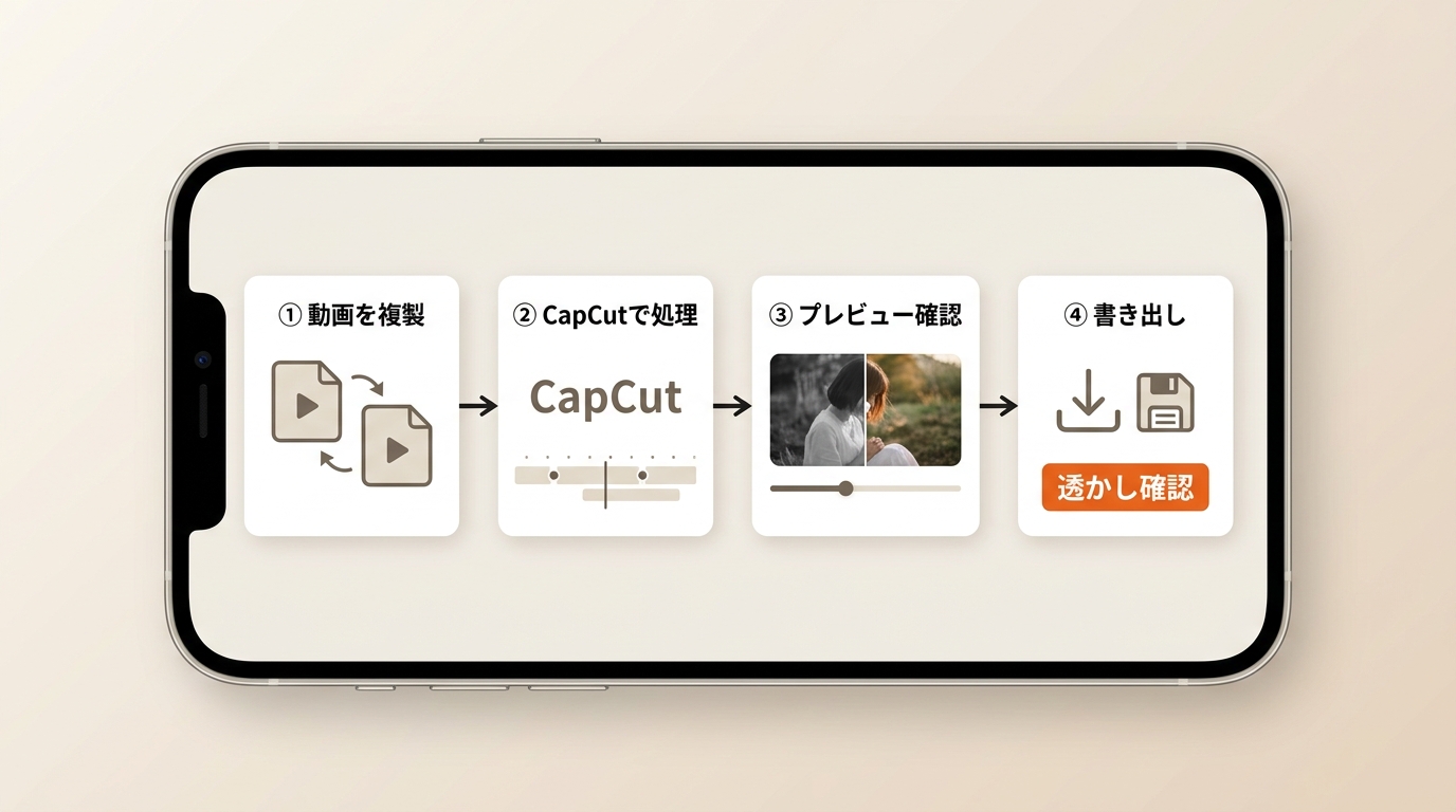 iPhoneでの白黒動画カラー化：複製→CapCutで処理→プレビュー確認→書き出しの4ステップ