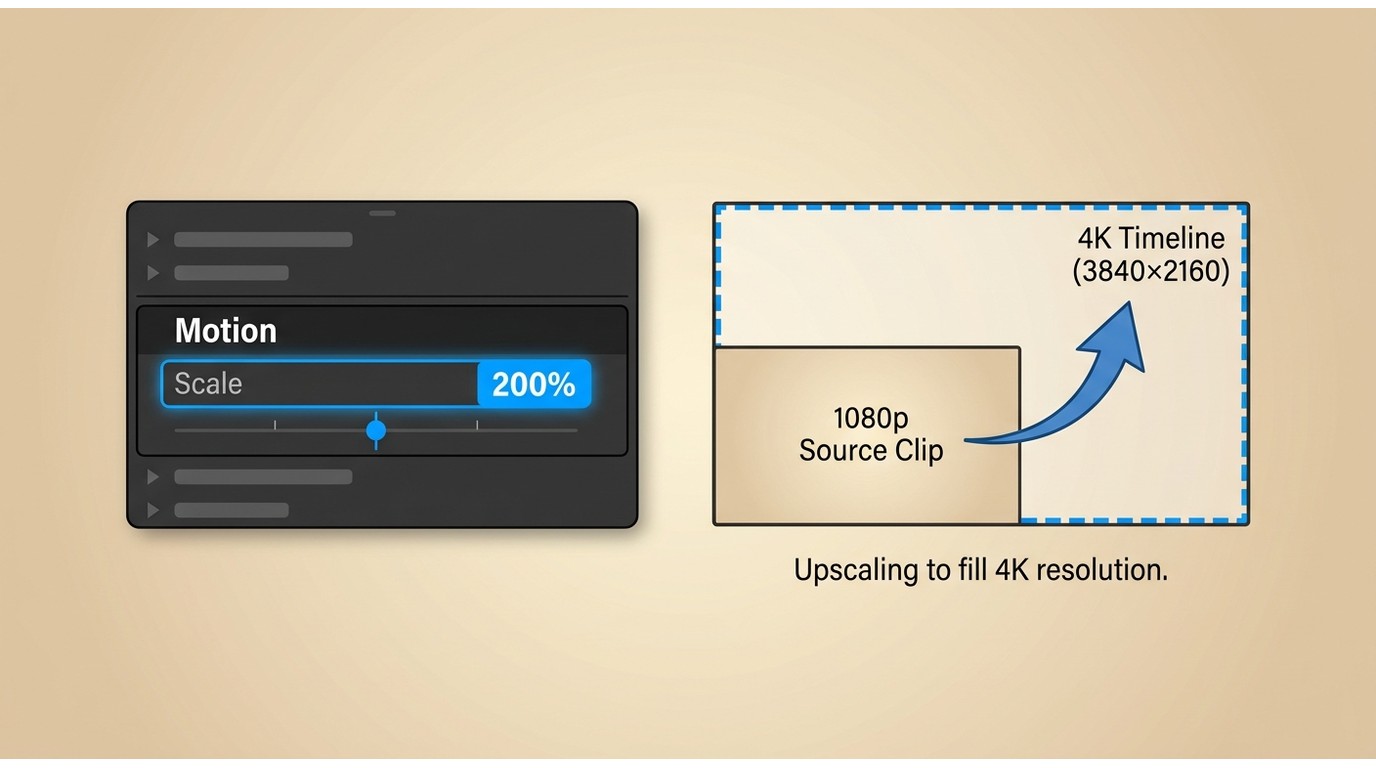 Premiere Pro Effect Controls panel showing Scale set to 200% to upscale a 1080p clip to 4K