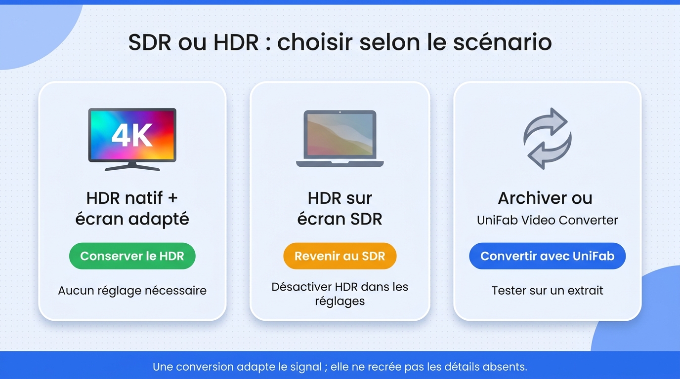 Matrice de décision indiquant quand conserver le HDR, revenir provisoirement au SDR ou tester une co