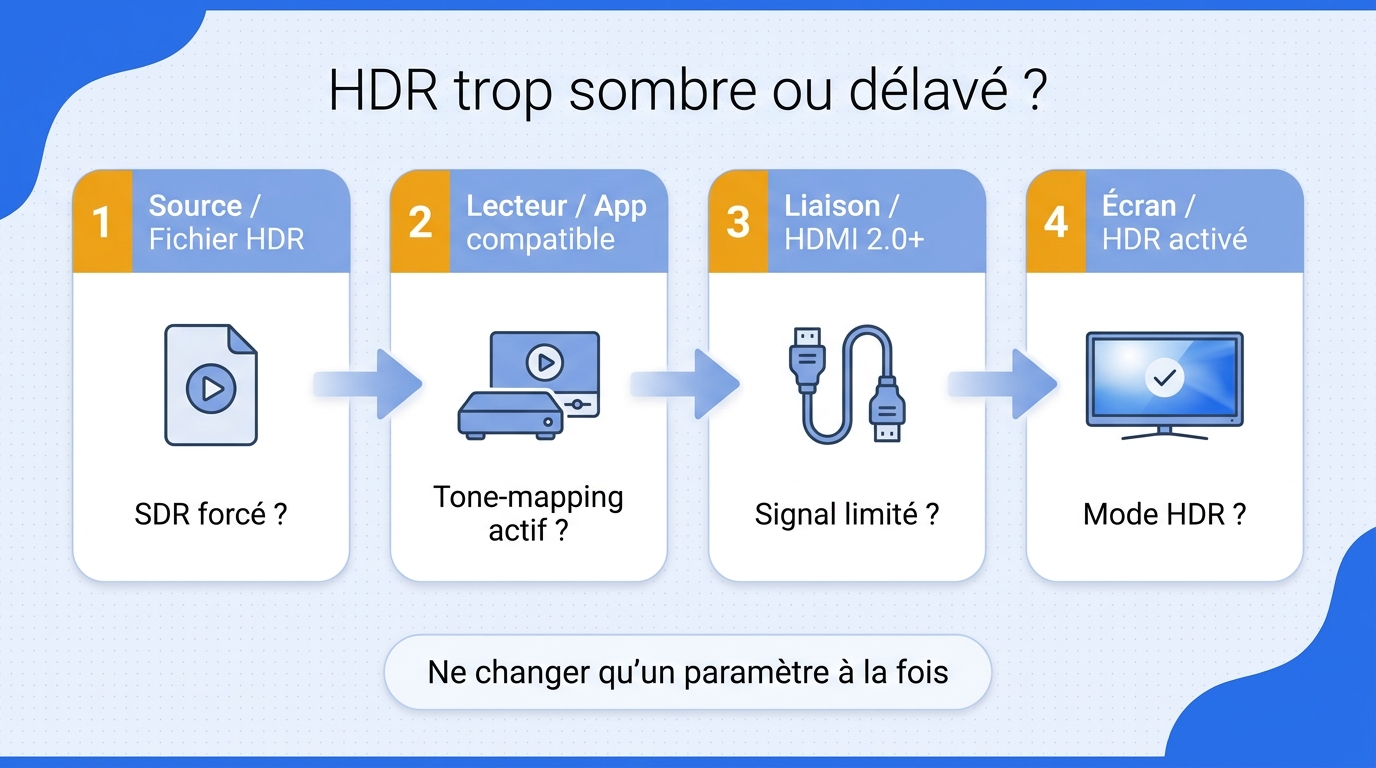 Organigramme de diagnostic d’un HDR sombre ou délavé, de la source jusqu’aux réglages de l’écran.