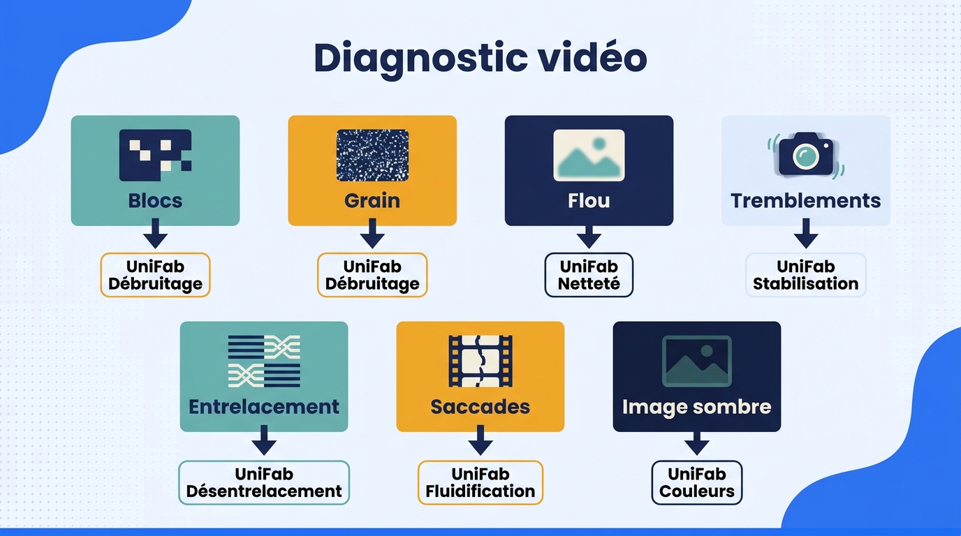 Organigramme reliant blocs, grain, flou, tremblements, entrelacement, saccades et image sombre au tr