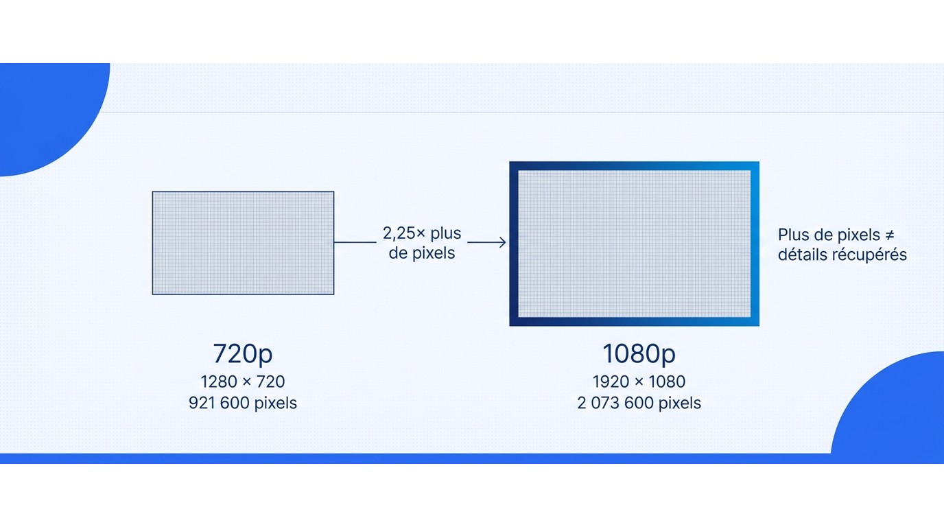 Graphique comparant 921 600 pixels en 720p à 2 073 600 pixels en 1080p, soit 2,25 fois plus.
