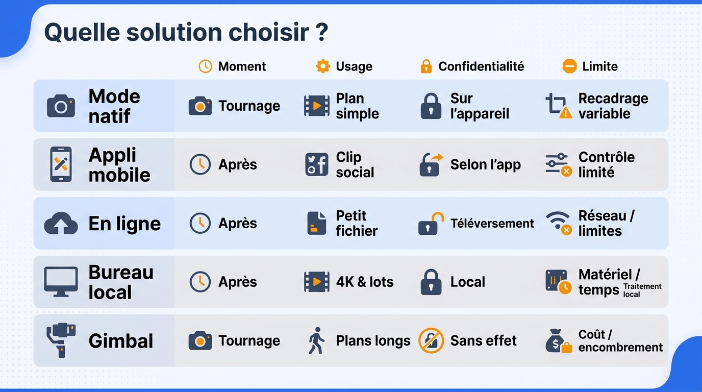 Matrice comparant cinq solutions de stabilisation selon le moment, l'usage, la confidentialité et la