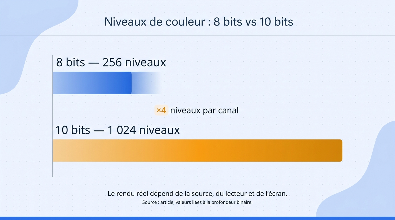 Graphique comparant 256 niveaux par canal en 8 bits et 1 024 niveaux par canal en 10 bits.