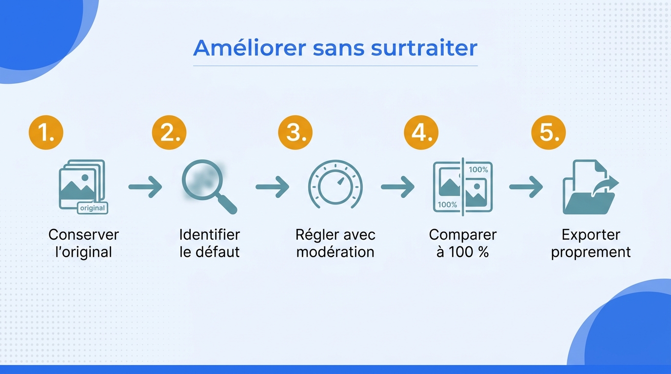 Frise en cinq étapes pour conserver l’original, diagnostiquer, régler modérément, comparer à 100 % e