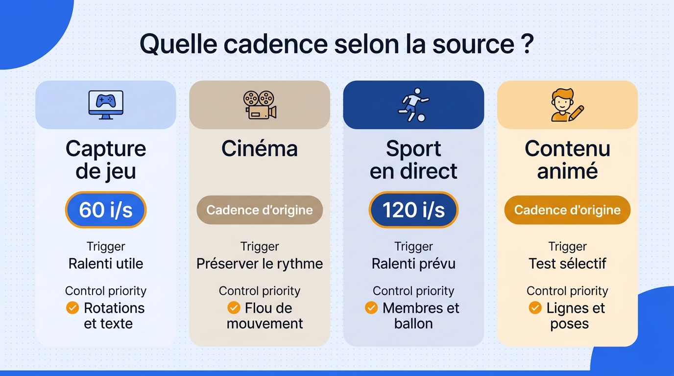 Matrice de décision recommandant 60 i/s, 120 i/s ou la cadence d'origine selon le type de vidéo et l
