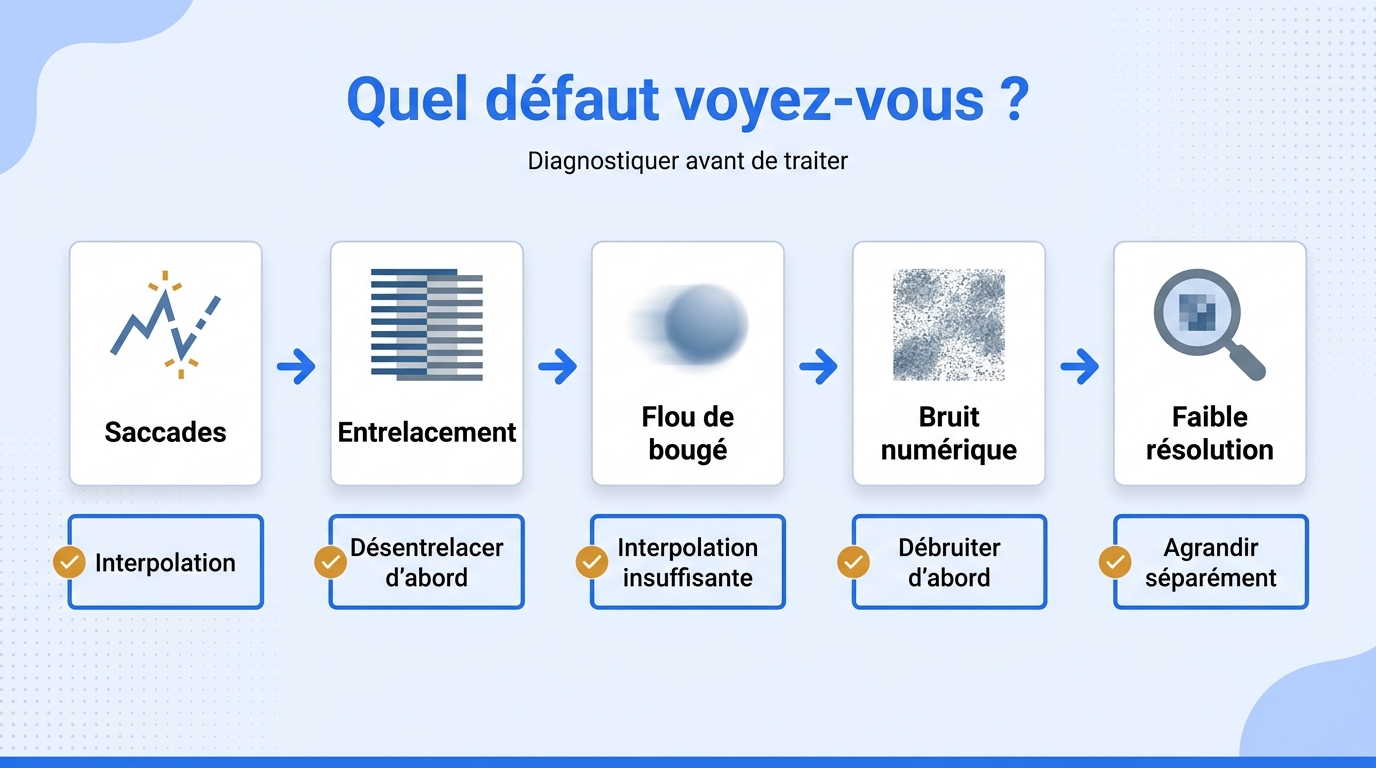 Organigramme distinguant saccades, flou, bruit, faible résolution et entrelacement avant de lancer u