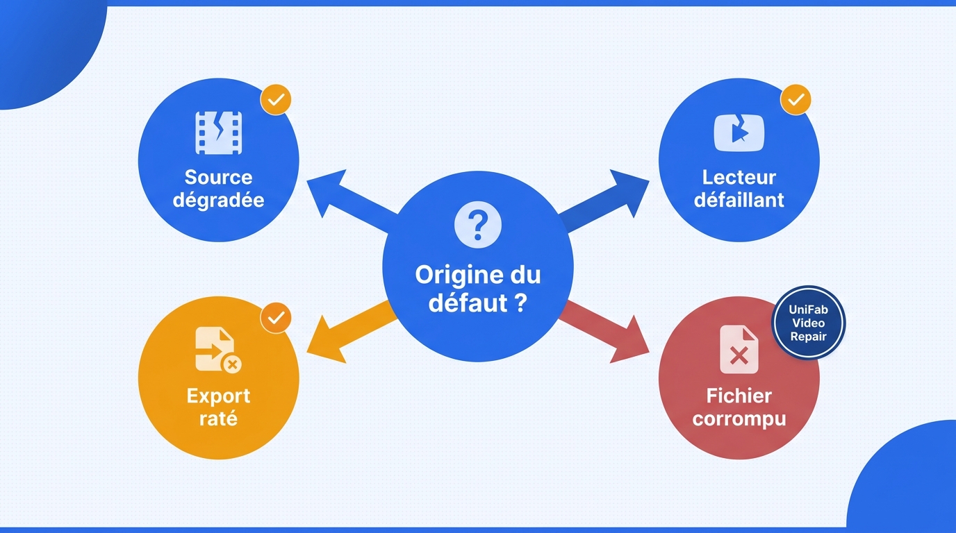 Arbre de diagnostic en français distinguant défaut de source, problème de lecture, perte à l'export