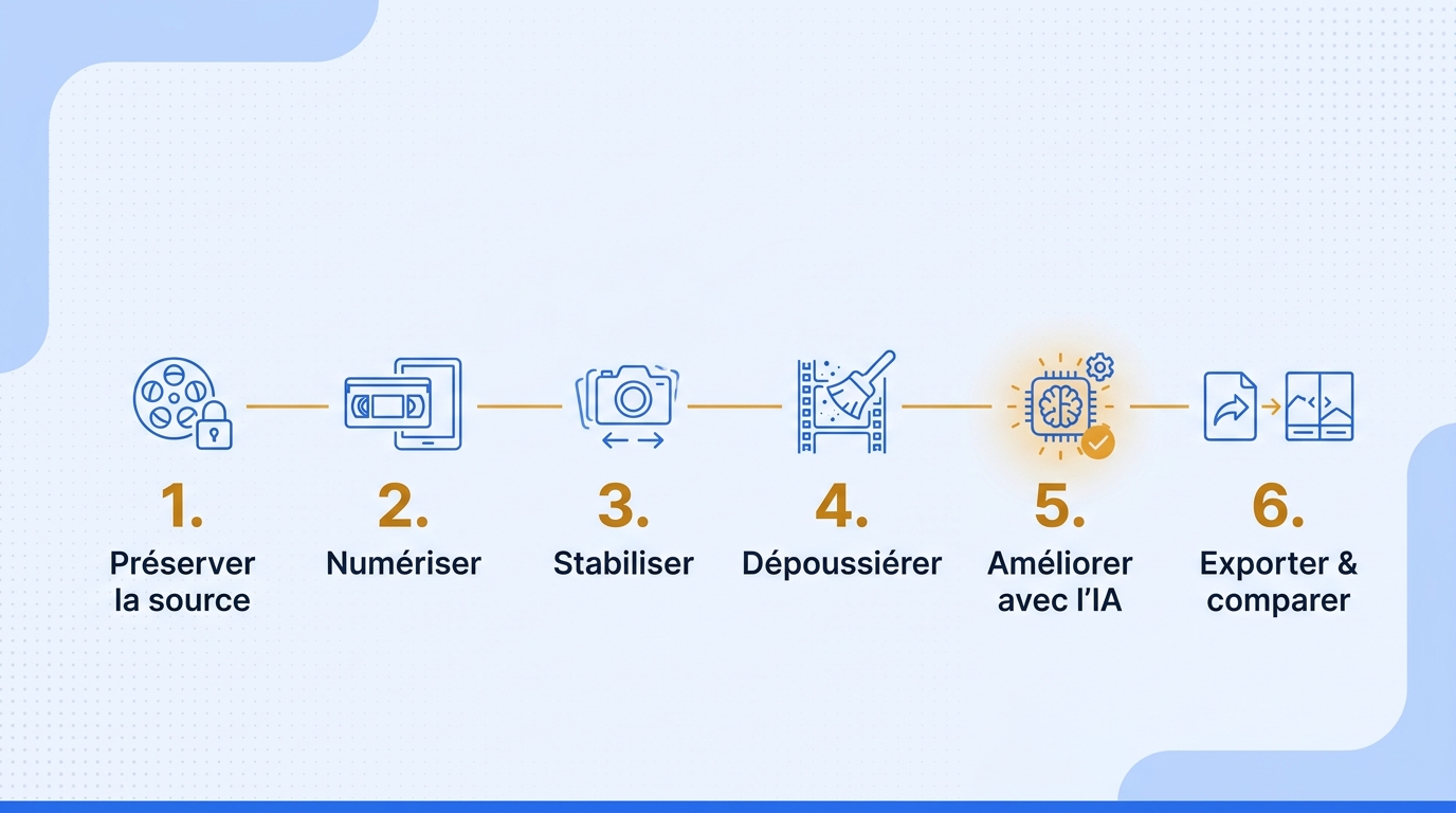 Frise en six étapes allant de la préservation de la source à l’export et à la comparaison avec le fi