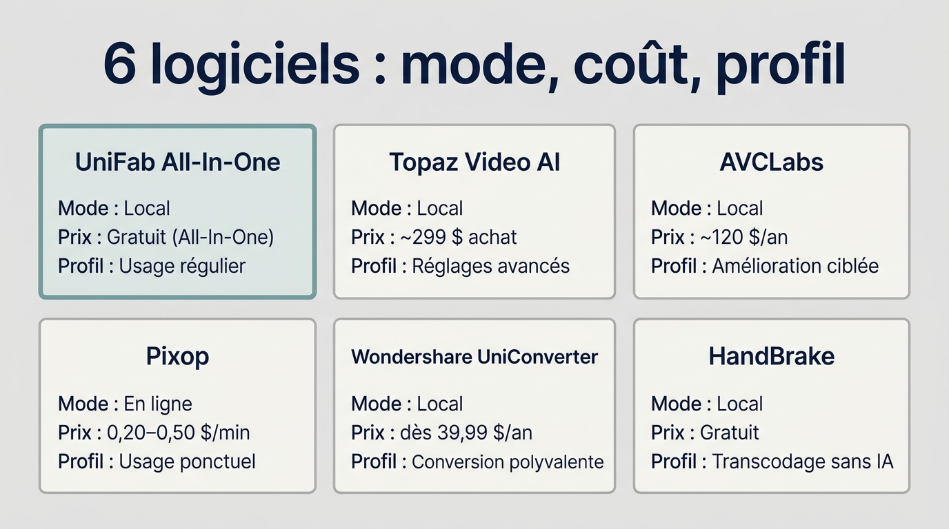 Matrice comparant UniFab, Topaz, AVCLabs, Pixop, Wondershare UniConverter et HandBrake par mode, pri