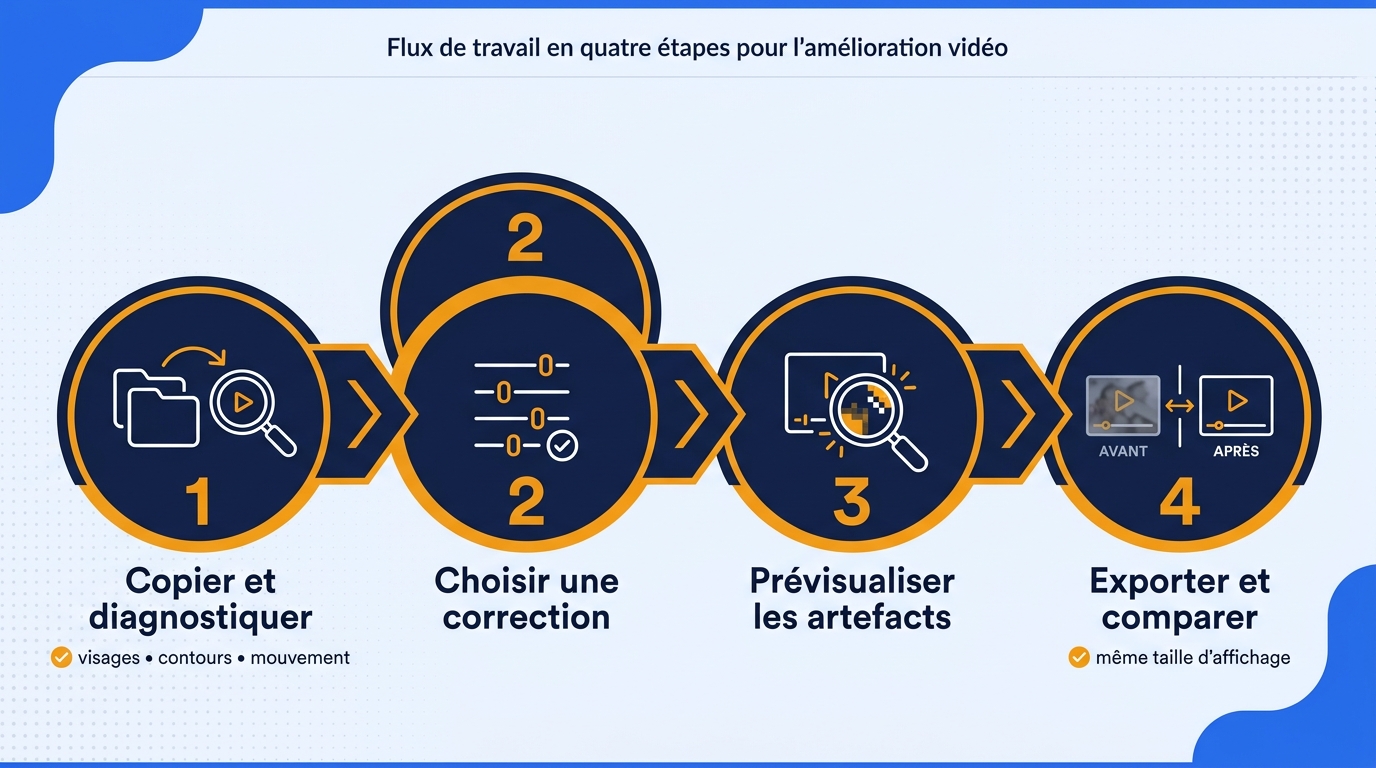 Frise en quatre étapes : diagnostiquer, choisir une correction, prévisualiser les artefacts, puis ex