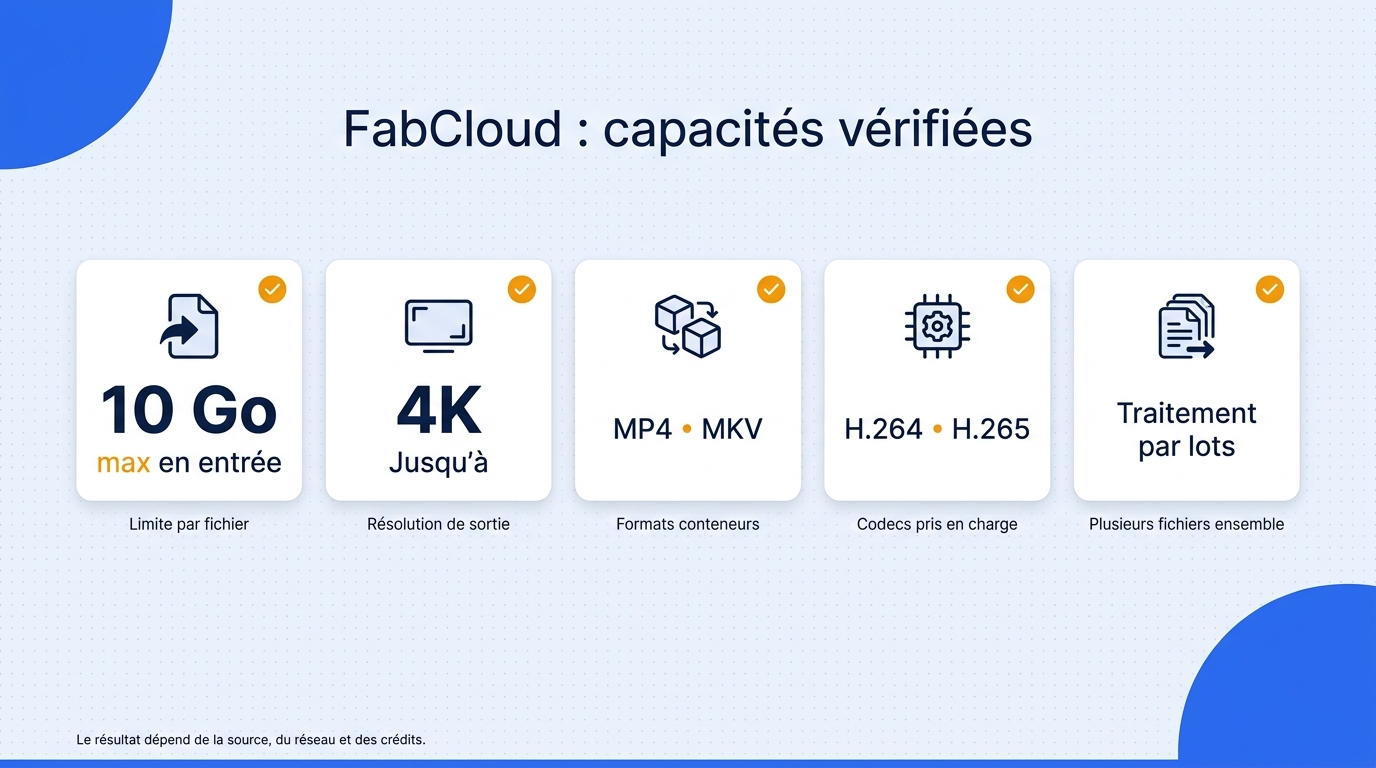 Fiche de données FabCloud indiquant une entrée maximale de 10 Go, une sortie jusqu'à 4K, MP4 ou MKV 