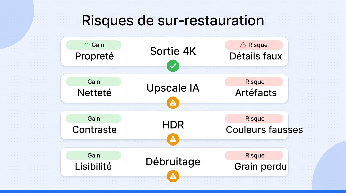Matrice comparant les gains et les risques de la 4K, de l'IA, du HDR et du débruitage sur un scan Su