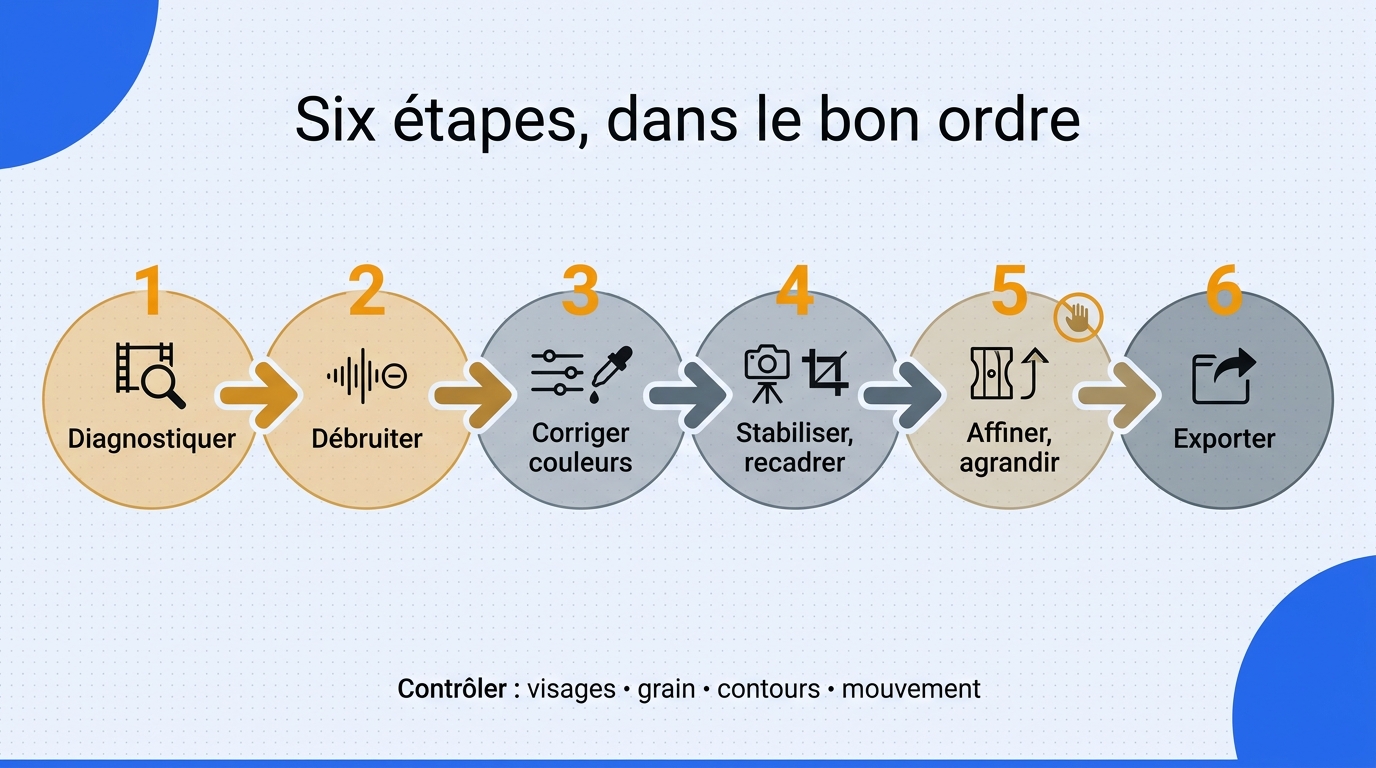 Frise horizontale des six étapes prudentes pour restaurer un scan Super 8.